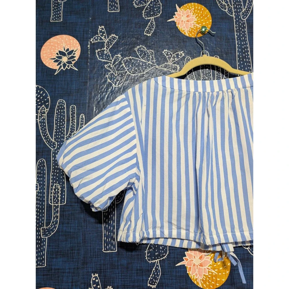 Staud Ellington Cotton Striped Puff Sleeve Cropped Top Blue Women's Size S